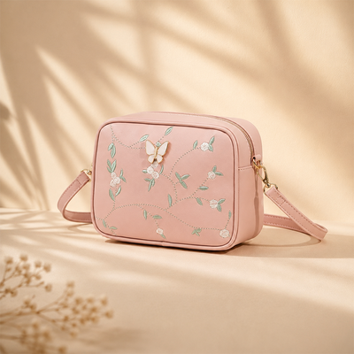 Floral Embroidered Crossbody Bag with Butterfly Charm Pink