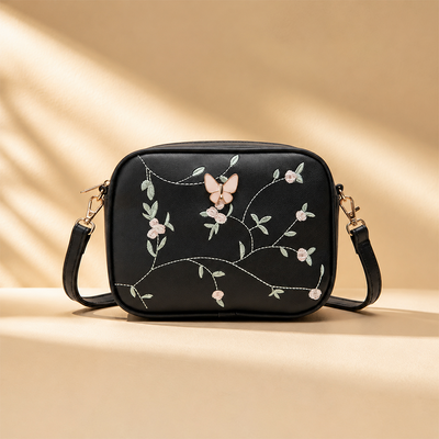 Floral Embroidered Crossbody Bag with Butterfly Charm Black