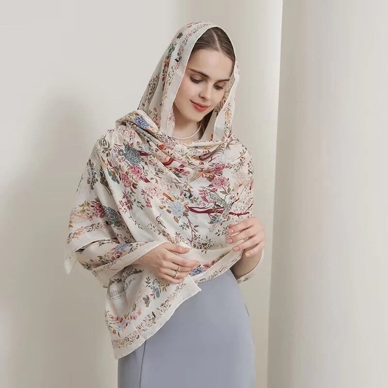 Floral Printed Scarf Ecru-S5