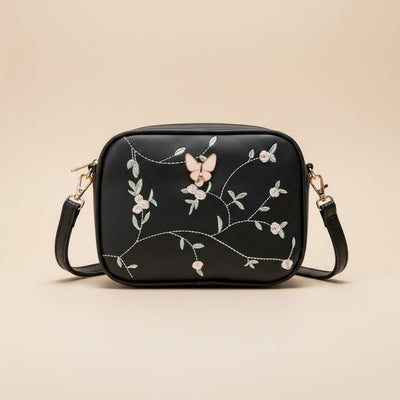 Floral Embroidered Crossbody Bag with Butterfly Charm Black