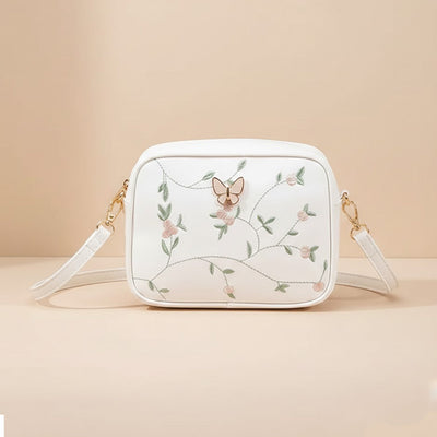 Floral Embroidered Crossbody Bag with Butterfly Charm White