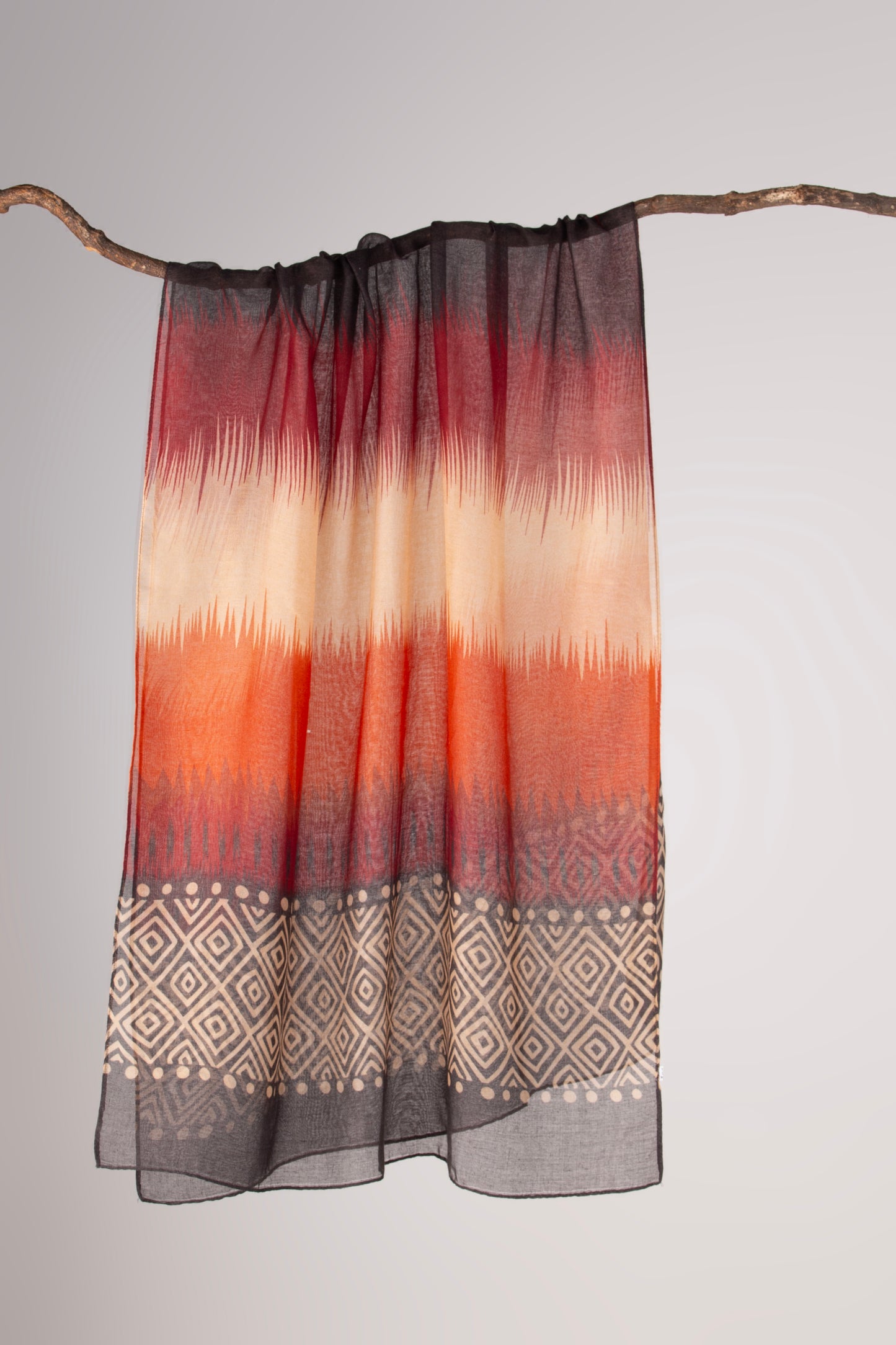 Soft Lawn Ikat Ombre Digital Print Scarf - Modern Geometric Border